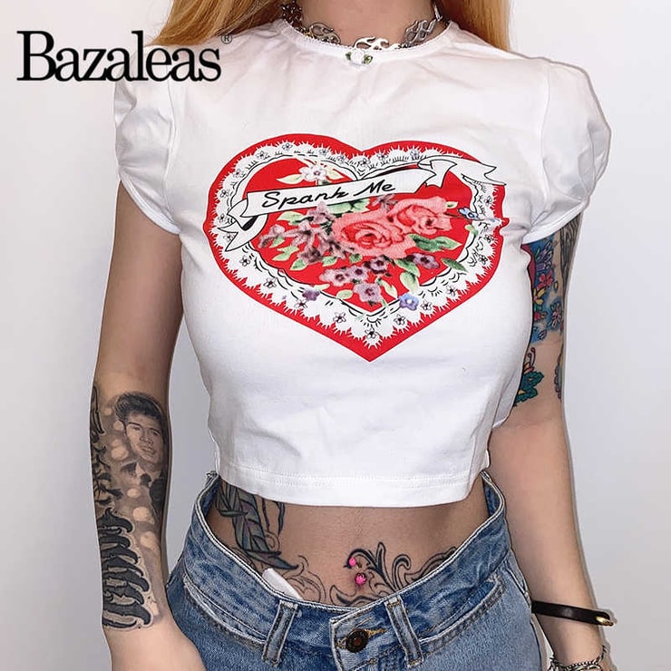 Picture Of Bazaleas Harajuku Spank Me Print Cropped T Shirt Cute Heart Women T Shirt Fashion